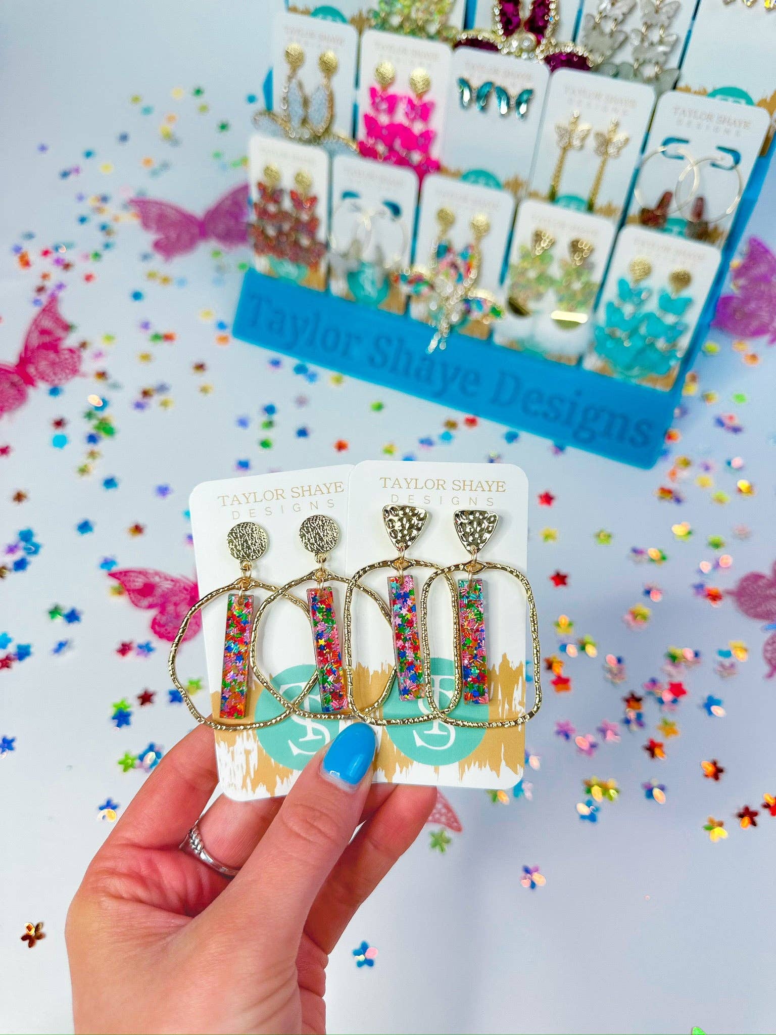 Taylor Shaye Designs - Wholesale Dangle earrings - Rainbow Star Confetti Stick Hoops0