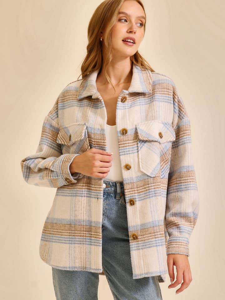 ",...SI-26873 Fall vibes plaid print shacket for wholesale by 42POPS