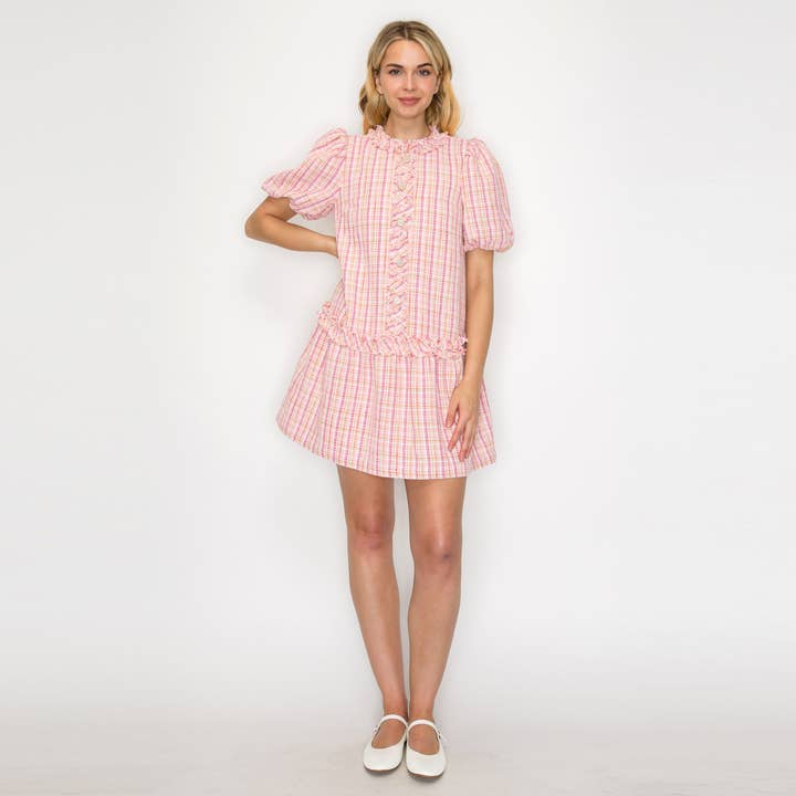 Abito Mini in Boucle Rosa Chiaro Charlotte con Maniche a Sbuffo -LWD2879 per la vendita all'ingrosso da parte di LoveWednesday