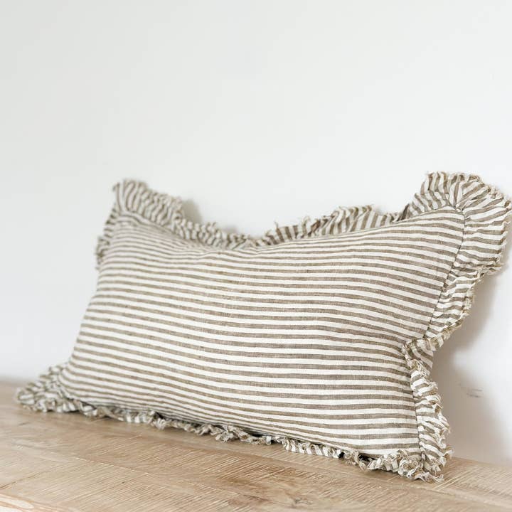 Ellenvale Trade – wholesale Throw pillow cover – Hallie Ruffled Linen Cushion Cover 50x30 – Olive Stripe
