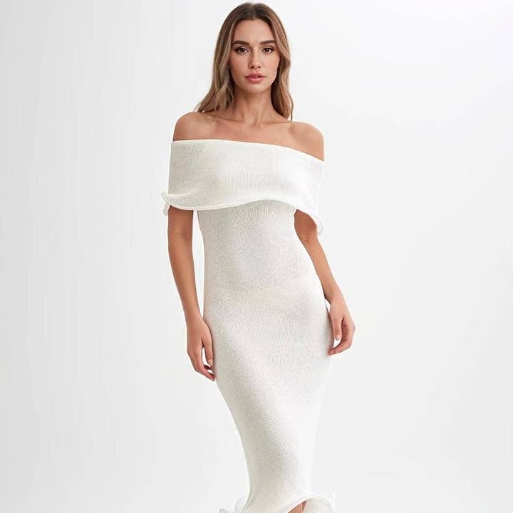 Off-the-Shoulder Ruffled Ribbed Midi Dress for wholesale by BELLISSIMA FASHION