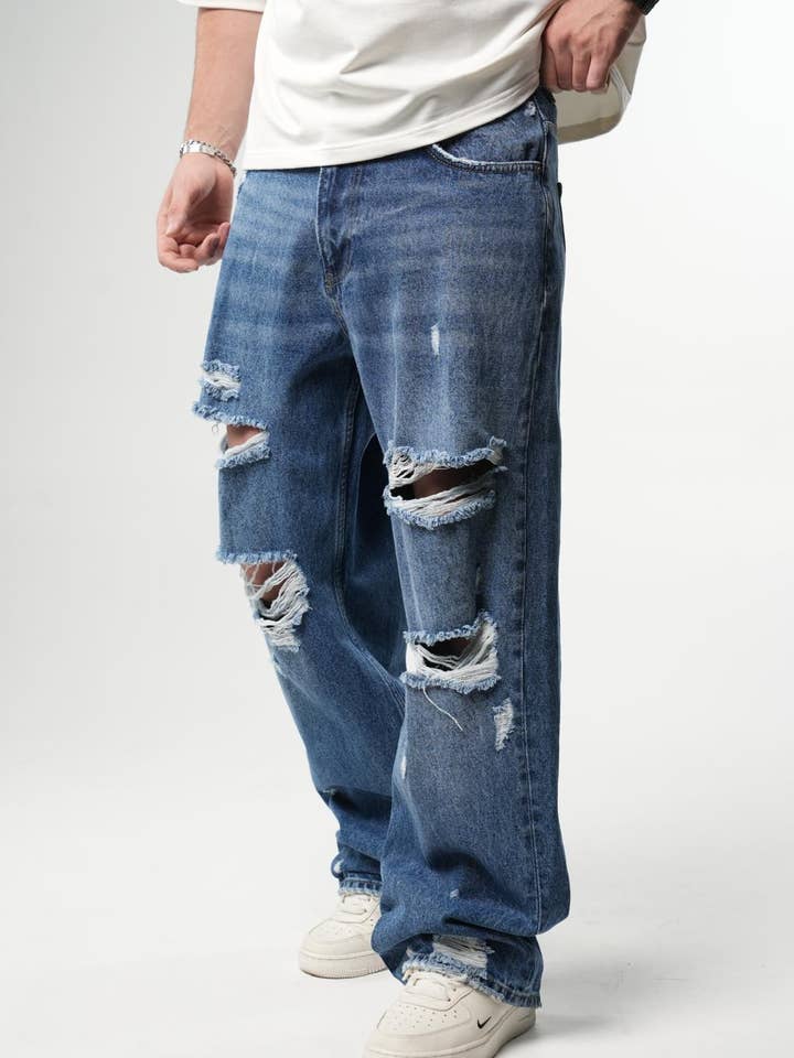 Baggy Washed Distressed Denim Jeans Dark Blue for wholesale by PremiumDenim