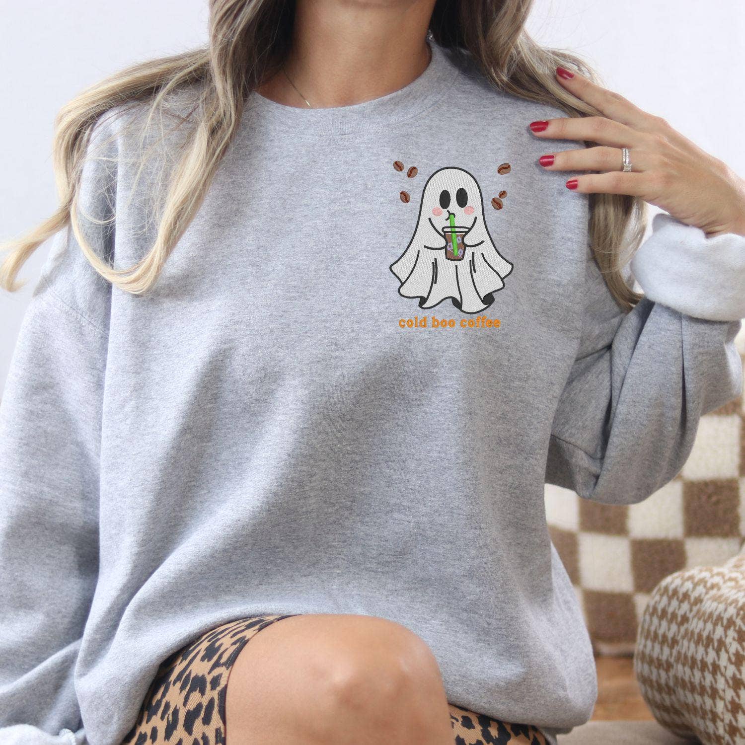 Grant Custom Creations LLC - Wholesale Sweatshirt - Women's - Cold Boo Coffee Ghost Embroidery Sweatshirt | Halloween Fall Coffee Lover Shirt | Spooky Cute Ghost Crewneck | Cozy Autumn Pullover4