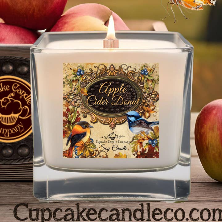 Fall Apple Cider Donut Wood Wick Candle for wholesale by Cupcake Candle Company