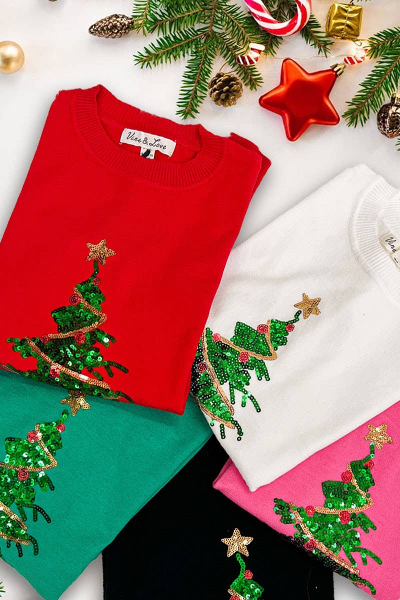 Vine & Love - Wholesale Knit Sweater - Women's - Christmas Tree Sequin Accent Knitted Sweater VT81484G20