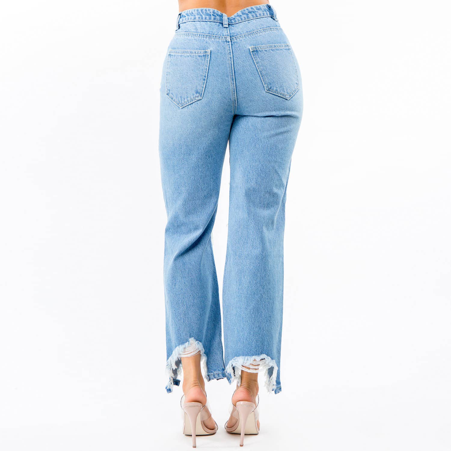 BLÅ HÖG MIDJA NÖDSTÄLLDA BREDA BEN JEANS-RJH5509 för wholesale på Faire2