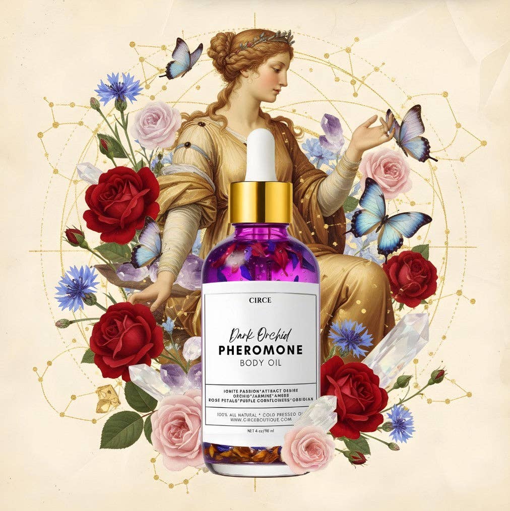 CIRCE - Wholesale Bath/Body Oil - Dark Orchid Pheromone Body Oil 4oz - Wholesales - Orchid, Jasmine & Amber Scent w/ Rose Petals, Blue Cornflower & Black Obsidian2