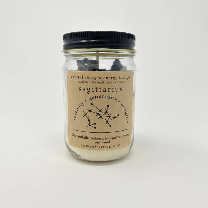 sagittario - candela energetica caricata con cristalli per la vendita all'ingrosso da parte di RAW SPIRIT NYC