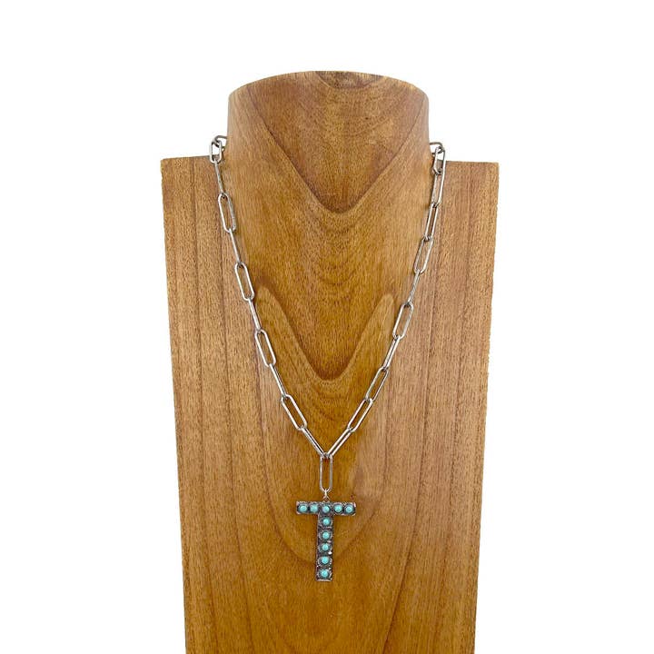 NKZ231125T-01 20 inches silver metal chain with blue turquoise stone letter T Necklace for wholesale by Western Elite Jewelry