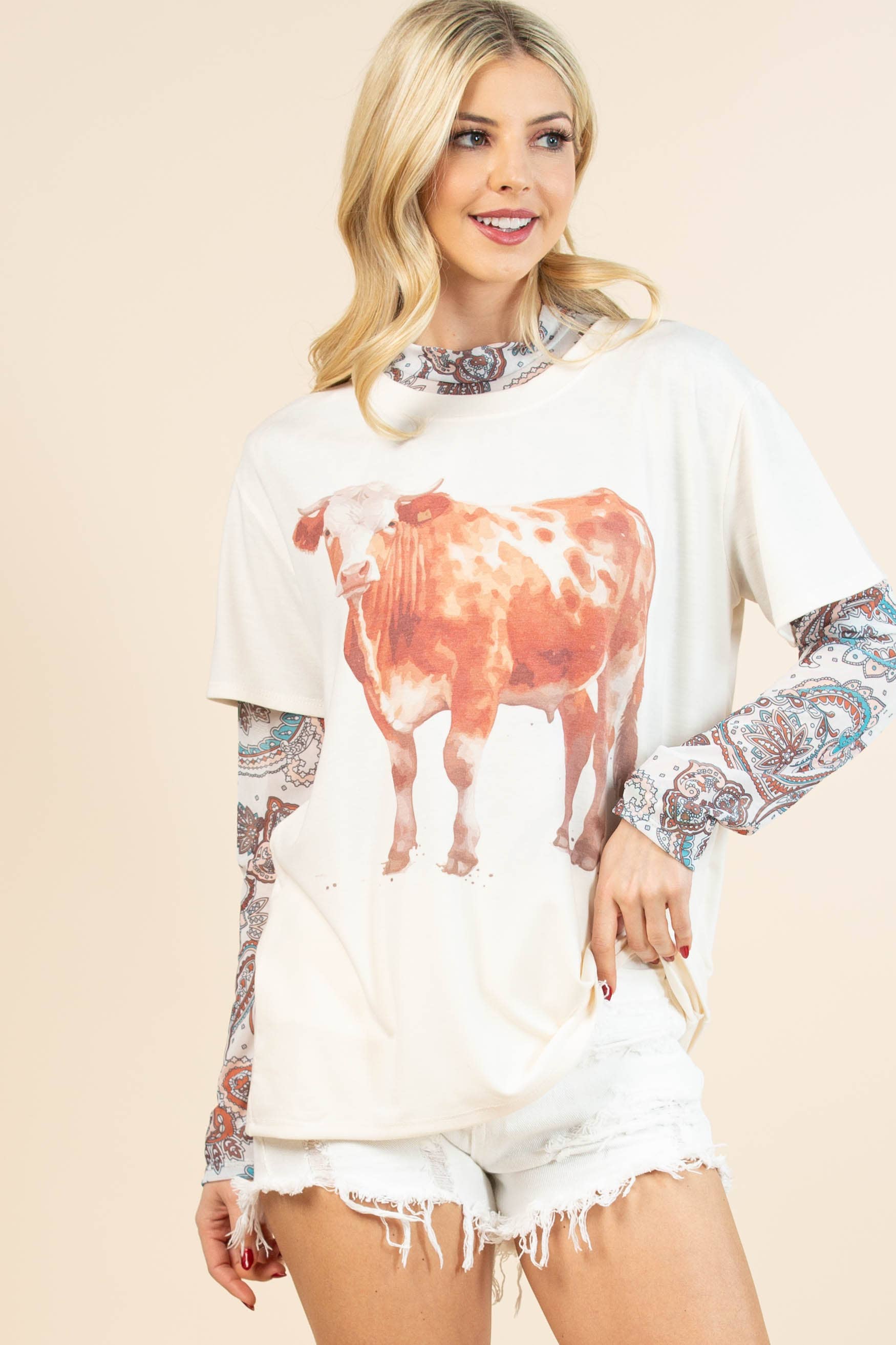 Vanilje/Khaki AV1205-LOREN KO GRAFISK KORTÆRMET T-SHIRT for engroshandel på Faire9