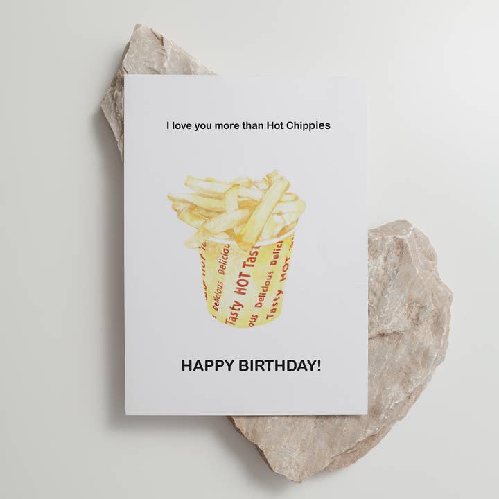 Patatas fritas calientes - 'Te quiero más que a las patatitas calientes' - Tarjeta de cumpleaños para venta al por mayor de Big Bite Studios