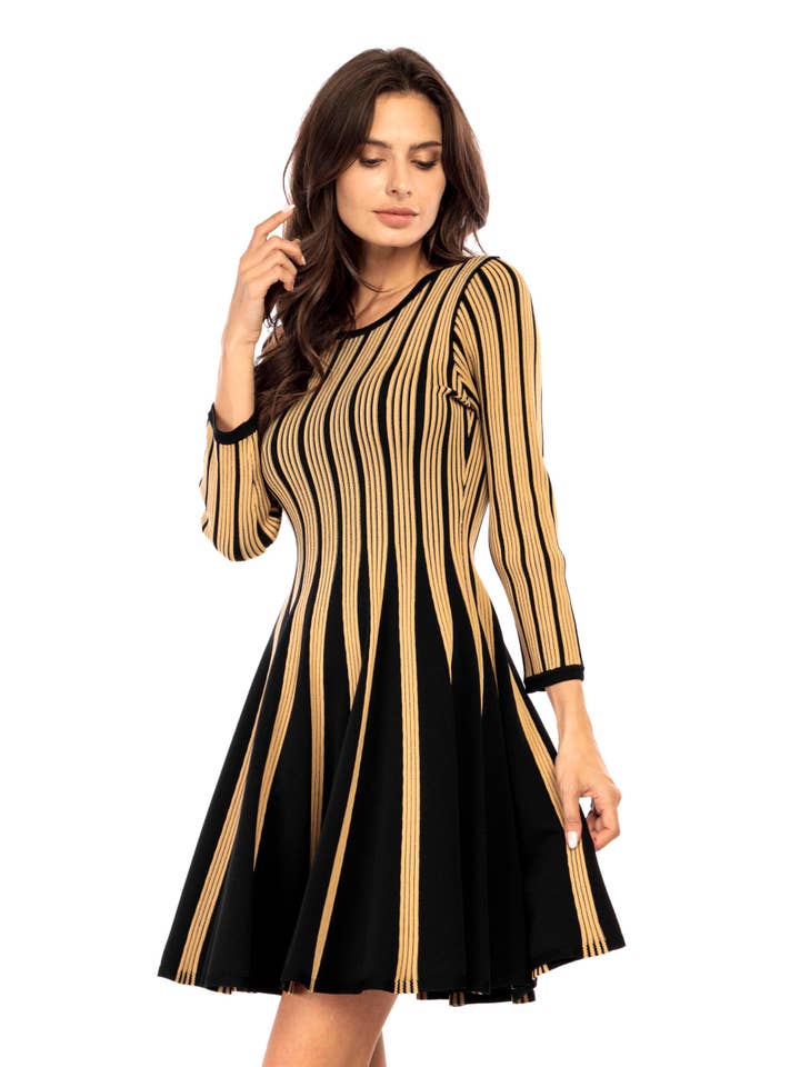 Adore - Wholesale Dress - Women's - J43-8 Golden Stripe Fit-and-Flare Dress