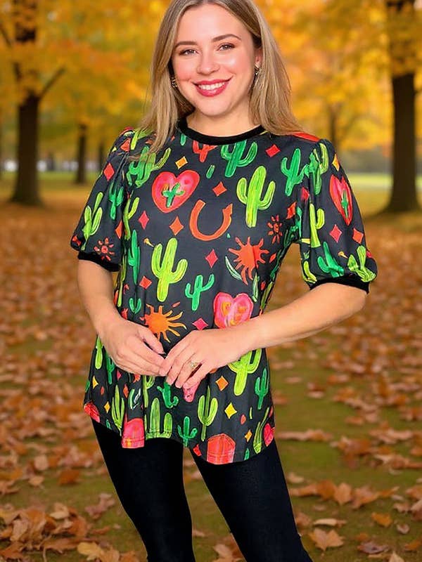 Western cactus printed short sleeve women t-shirt GJQ16614 for wholesale by luluclothes