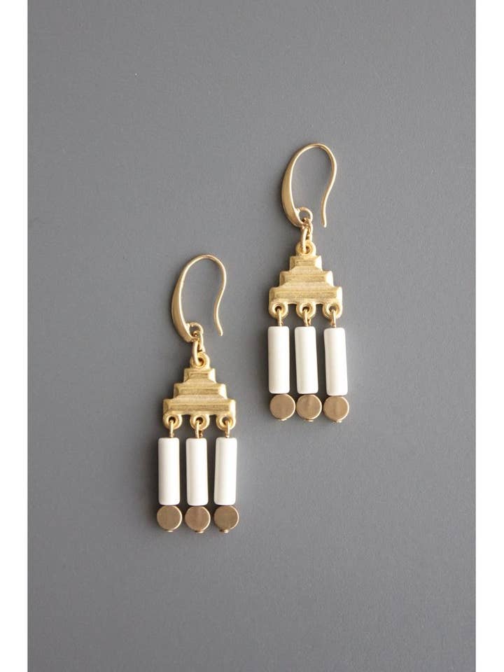YSME05 Geometric white stone and brass earrings for wholesale by David Aubrey Jewelry