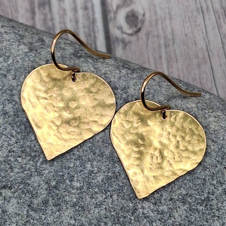 Harper House Studio - Wholesale Dangle Earrings - Rustic Heart Earrings in Hammered Brass – Artisan Boho Style0