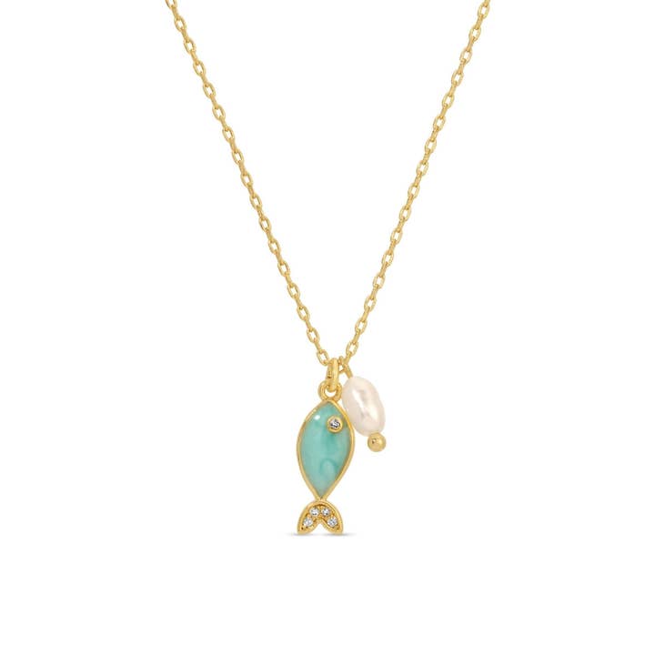 Light Blue Fish Pendant Necklace with Freshwater Pearl for wholesale by Splendid Iris