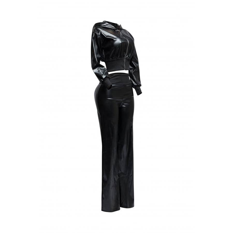 DORCAS - Wholesale Set met top en broek (GEEN Loungewear) - Dames - Set van PU-jack met capuchon en broek met wijde pijpen4