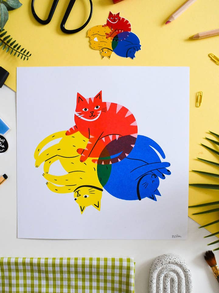 Colour Wheel Cats – Heavyweight Riso Print 297 x 297 mm for wholesale by Nat Ellis Illustration