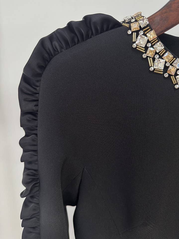 DR775Y Ruffled Black Mid-Length Dress with Sculpted Details for wholesale on Faire6