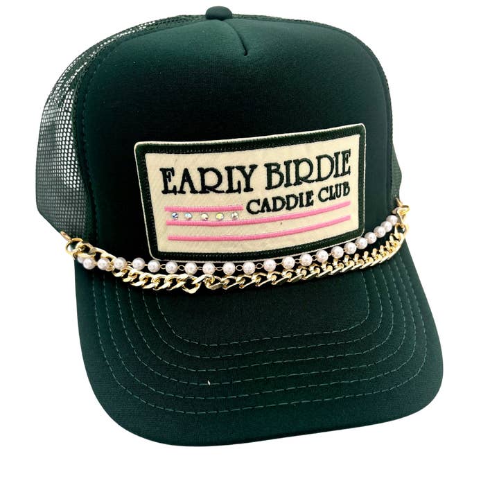 Early Birdie Caddie Trucker Hat . Custom Embroidered Patch for wholesale by Billie Jane's Trucker Hats