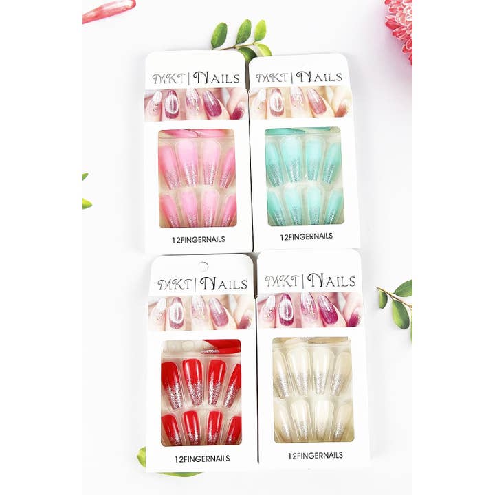 GLOSSY COFFIN SHAPED WITH GLITTER ON TIP PRESS ON NAIL for wholesale by JHP Collection