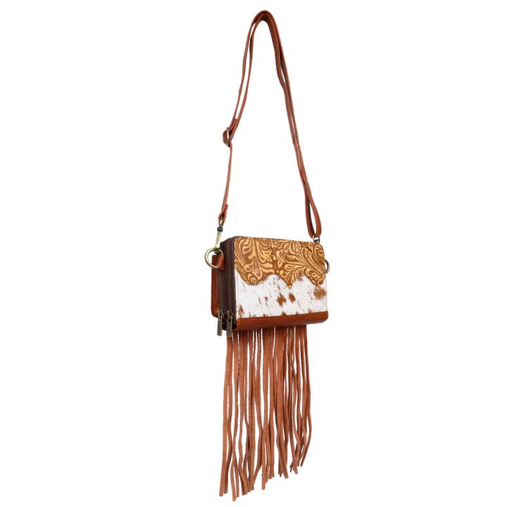 Leather Cowhide Fringed Women Clutch - Tan White Floral for wholesale by Sixtease Bags USA
