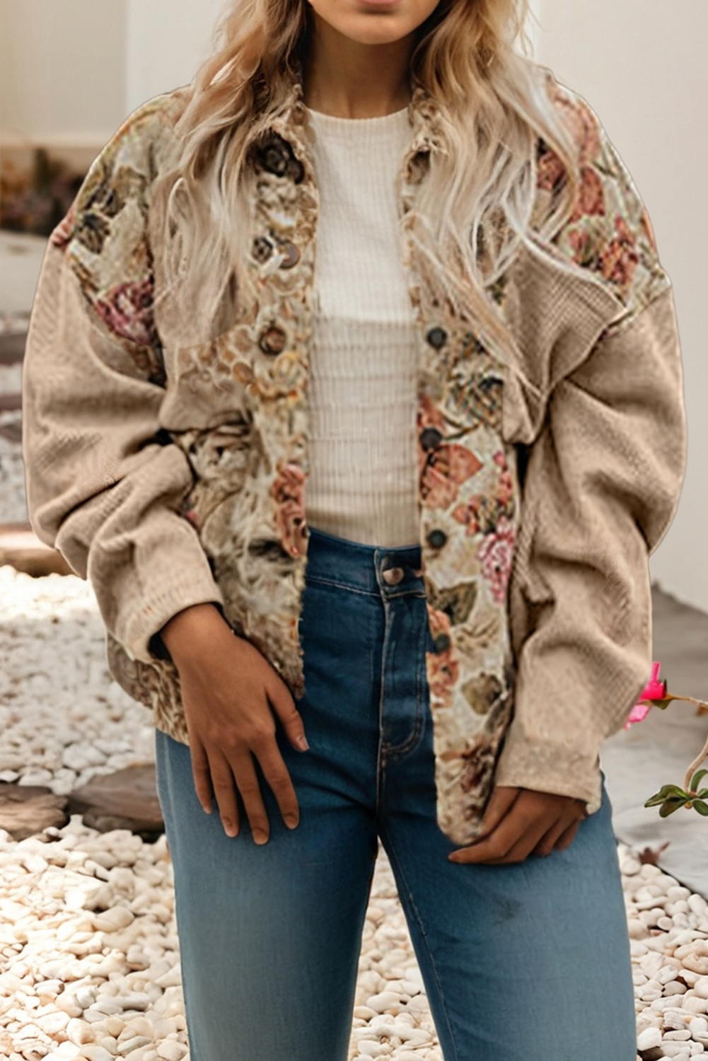 Khaki LDC Waffle Knit Patchwork Chest Pockets Buttoned Jacket for wholesale on Faire3