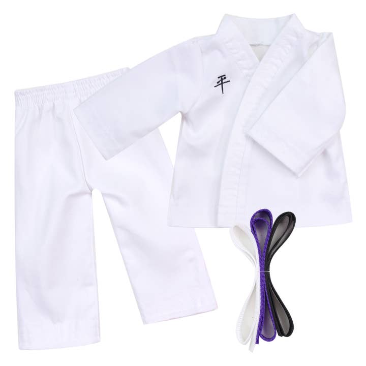 18" Doll - White Karate Uniform with Purple & Black Belts for wholesale on Faire