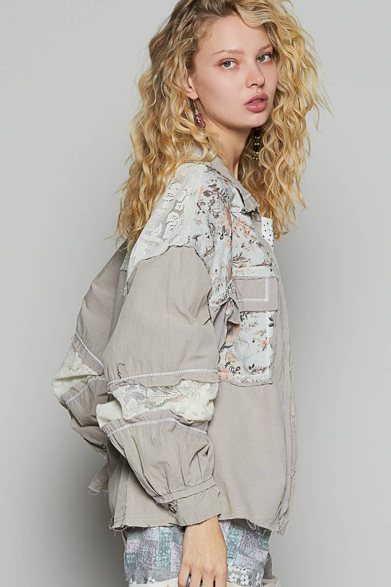 Pol Clothing - Wholesale Shirt Jacket/Shacket - Women's - Balloon sleeve printed woven mixed denim shacket SALE18