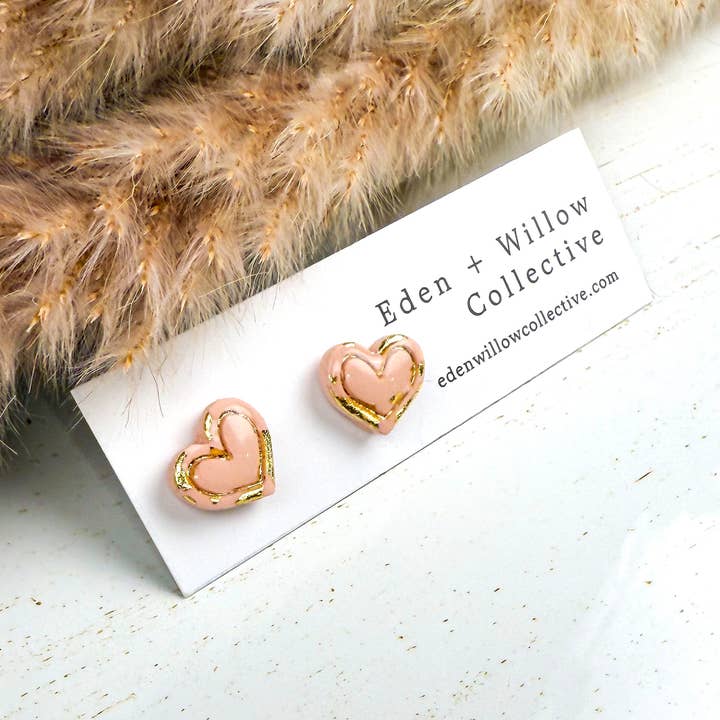 Handmade Heart Stud Earrings – Polymer Clay with Gold Accent for wholesale by Eden + Willow Collective