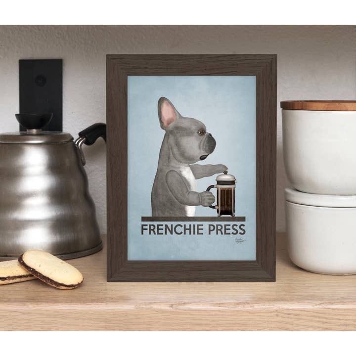 Laura Bergsma Studio – Engroshandel Kunsttryk – Fransk Bulldog Kunst Print, Frenchie Press, Blå m/BRN øje3
