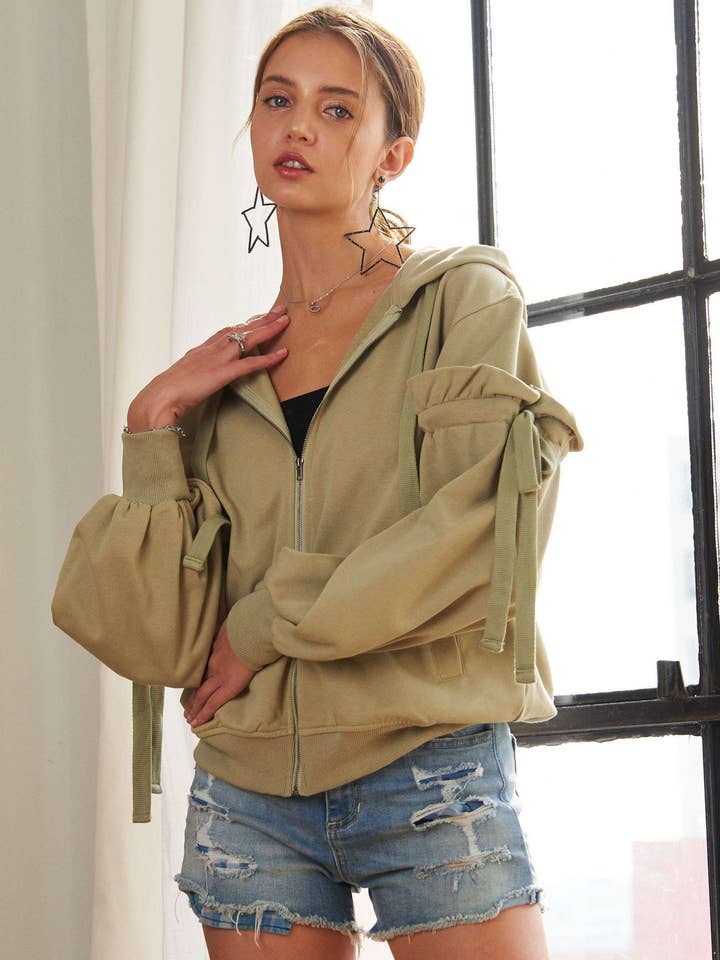 CEJ3512 - RUFFLED PUFF SLEEVE ZIP UP HOODIE for wholesale by ADORA LA