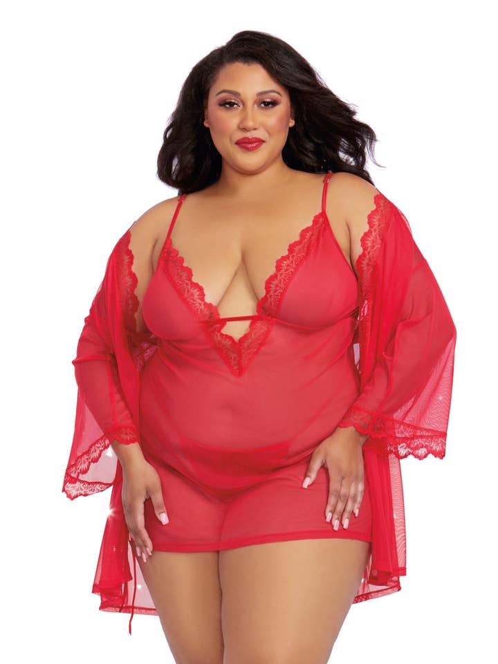 Plus Size Mesh Chemise & Robe Set with Matching G-String for wholesale by Dreamgirl International