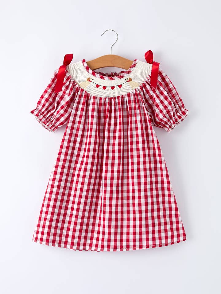 Valentine Red Plaid Dress with Smocked Heart Dog Detail and Bows for wholesale by Rylee Faith Designs