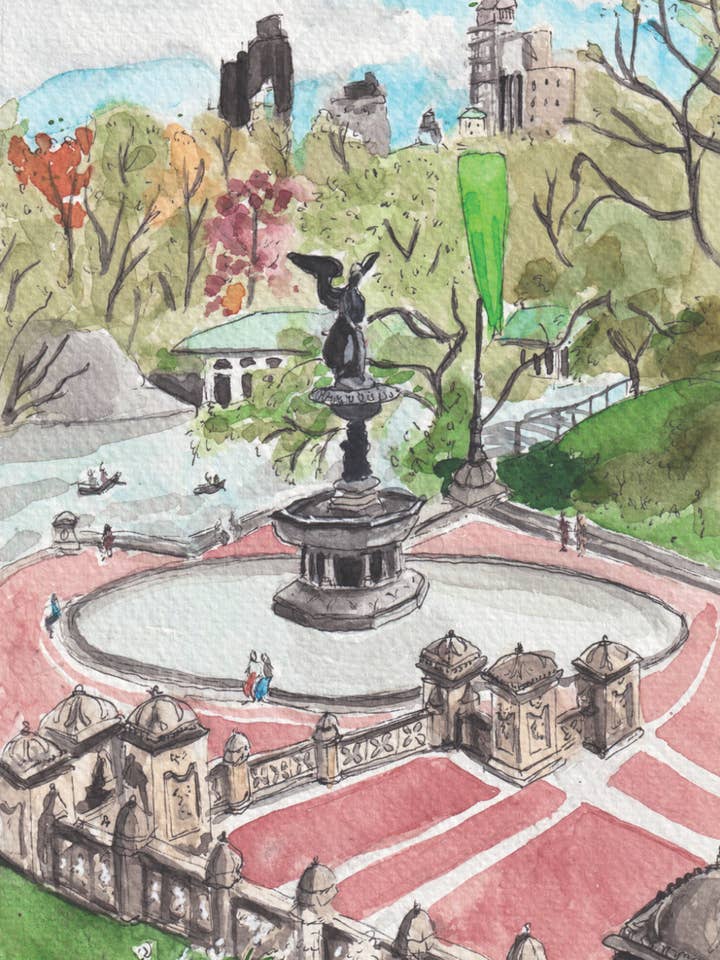 Bethesda Fountain In Central Park watercolor print for wholesale by Alexandra Schmeling Fine Art