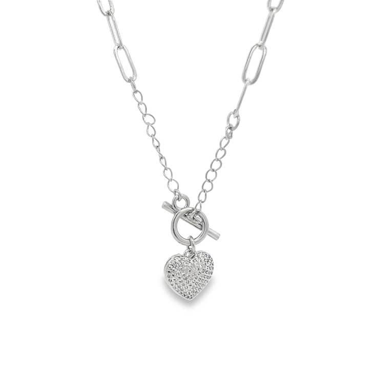 Heart Pendant Paper Clip Chain Necklace With Clear Micro CZ for wholesale by MIA Jewelry