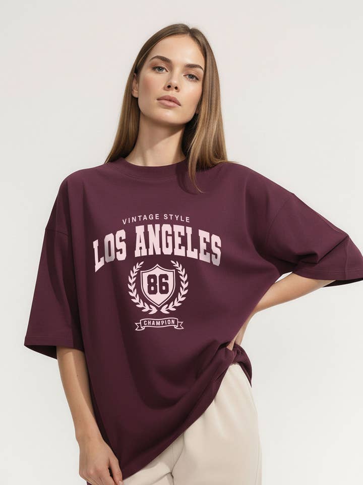 Dark Cherry 220GSM Oversized T-Shirt in Vintage Style Los Angeles Print for wholesale on Faire4