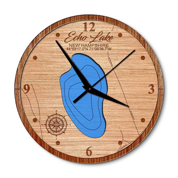 Echo Lake, New Hampshire Layered Map Clock for wholesale by Premier Gifts and More