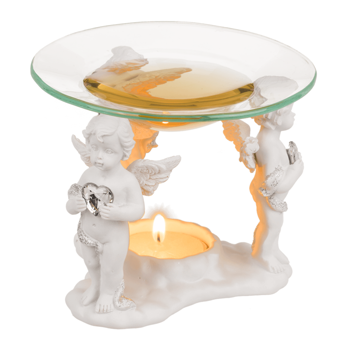 Out of the blue KG – Engroshandel Olievarmer – Polyresin olietænder med glasskål og stående engel med krystalhjerte1
