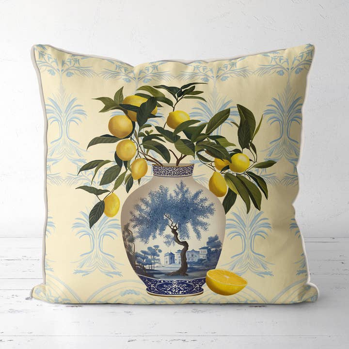 Lemon tree chinoiserie vase Pillow or Outdoor cushion for wholesale by FabFunky Ltd