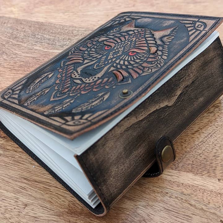 R K Handicrafts and Exporters - Wholesale Journal/Diary - Wolf Embossed Leather Journal diary with 200 Handmade pages