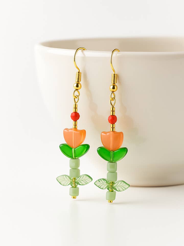 Orange Tulip Flower with Leaf Charms Beaded Earrings for wholesale by Joyful Jewels by Joyful Blooms