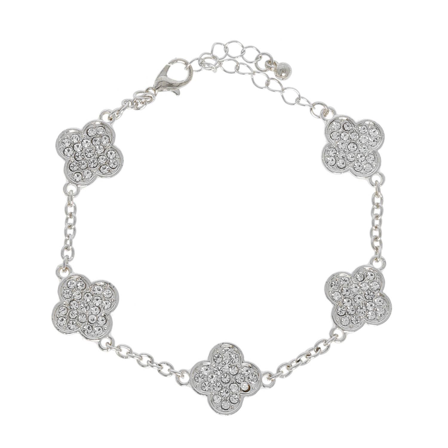 SP Sophia Collection - Wholesale Charm/Dangle Bracelet -  Rhinestone Pave Quatrefoil Clover Charm Station Bracelet1