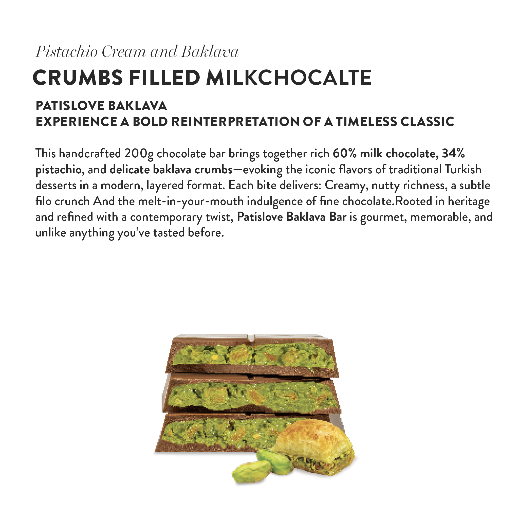 Patislove - Wholesale Chocolate - Pistachio Cream and Baklava Crumbs Filled Milk Chocolate4