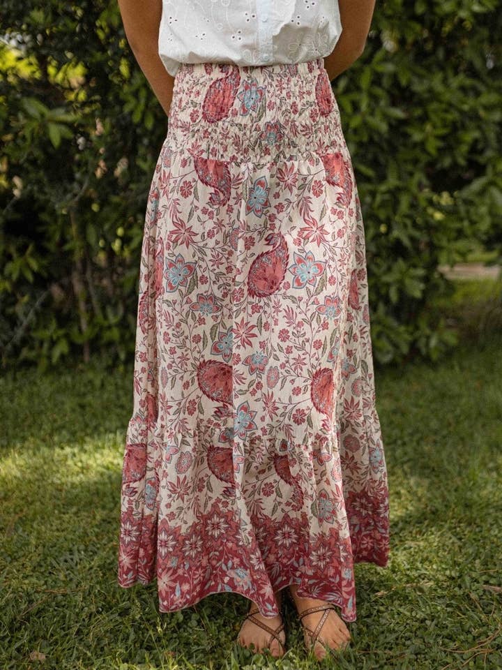 Rosa Clothing - Wholesale Skirt - Women's - Western Retro Boho Paisley Smocked Waist Skirt0