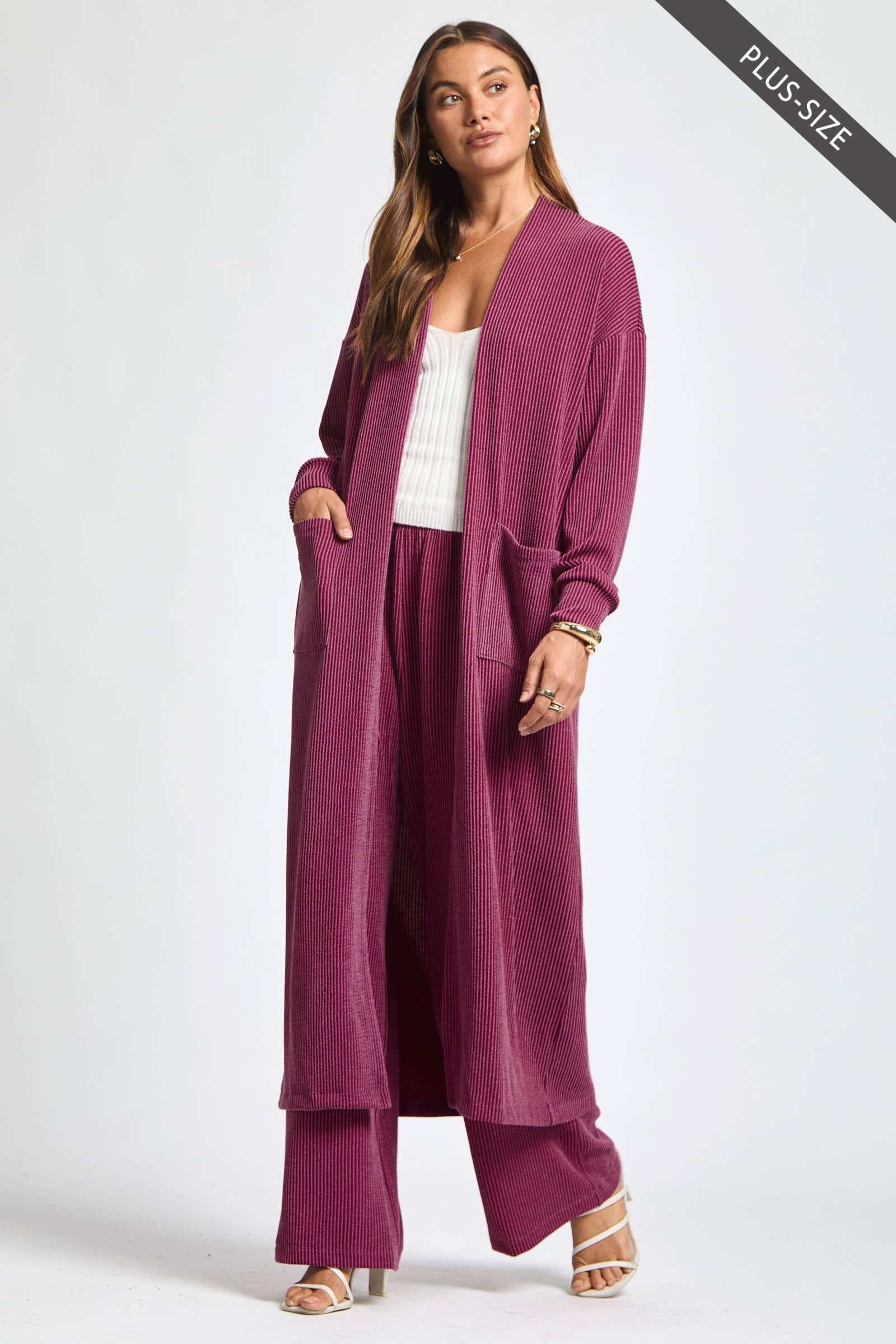 Dear Scarlett - Wholesale Top & Pant Set (NOT Loungewear) - Women's - PLUS SIZE Longline Cardigan + Relaxed Pants 2 Piece Set15