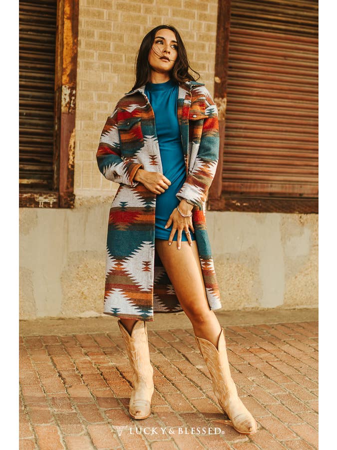 LUCKY & BLESSED - Wholesale Coat - Women's - Plus Size Blue Teal Aztec Button Down Coat