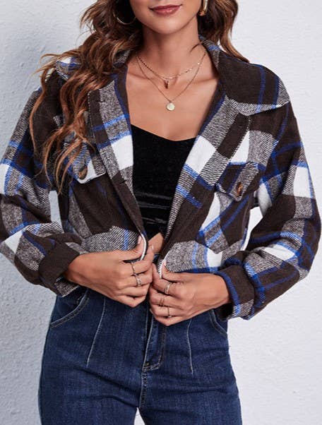 Rosa Clothing - Wholesale Shirt Jacket/Shacket - Women's - Plaid Balloon Sleeve Cropped Shirt Jacket3