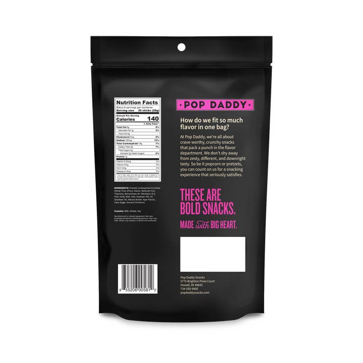 Pop Daddy Snacks - Wholesale Pretzels - Pop Daddy – Cinnamon Sugar Seasoned Pretzels 7.5oz1