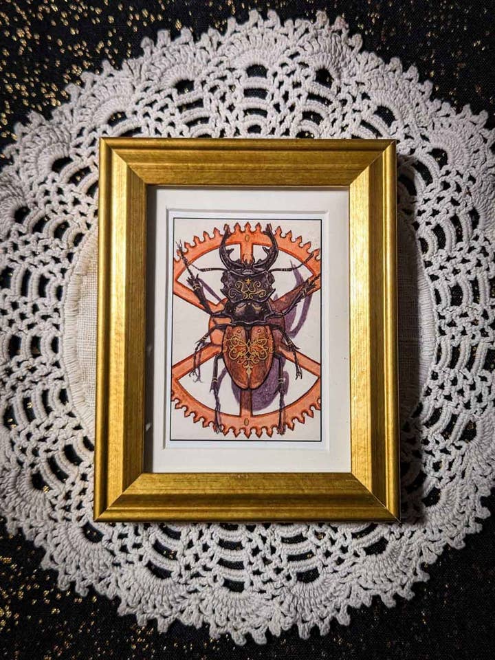 Gold Framed Stag Beetle Mini Print for wholesale by Studio Umbralux